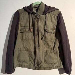 American Eagle Women's Large Military Style Jacket Pockets Hooded Grunge Utility